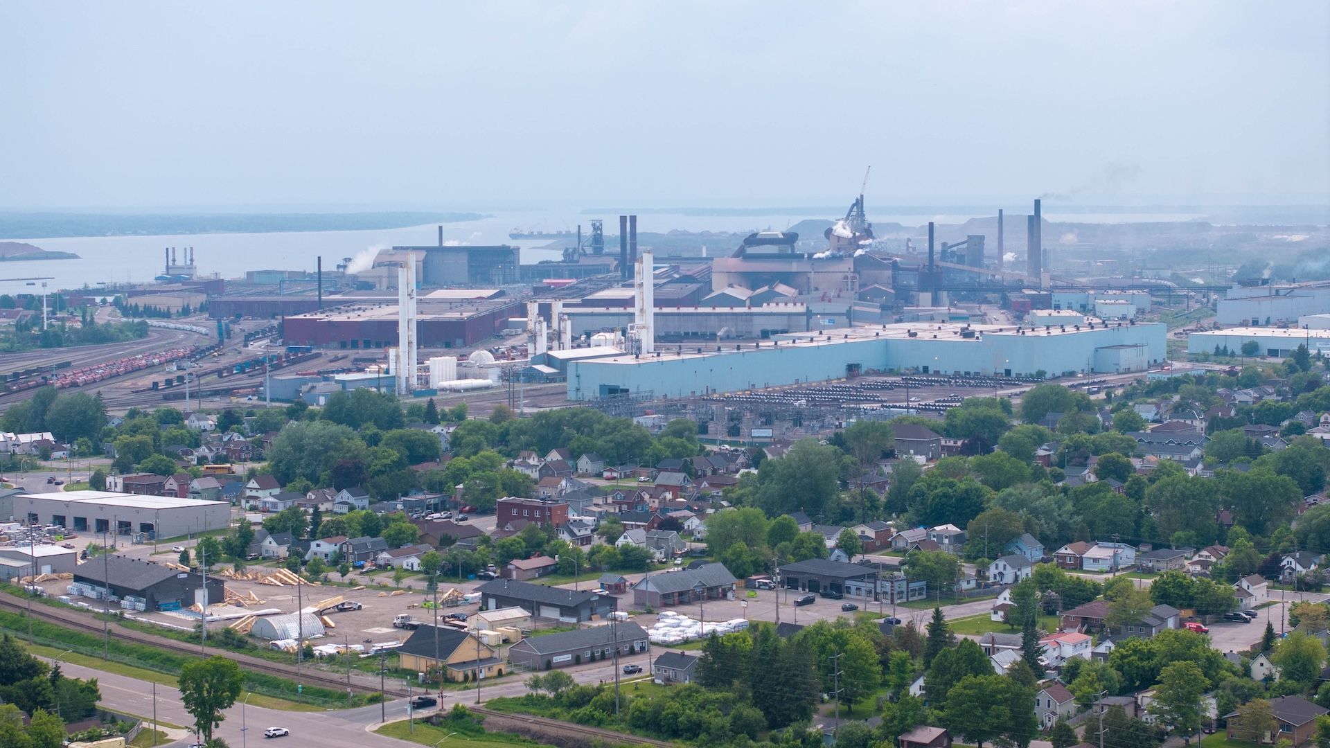 Aerial View of Algoma Steel Plant and Residential Neighborhood in Sault Ste. Marie